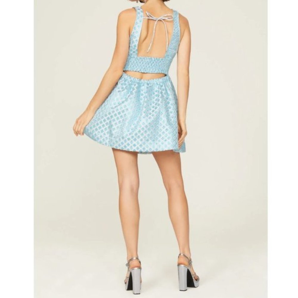 Hill House The Cher Metallic A Line Mini Dress Snowflake Brocade Blue/ White S - Picture 2 of 10